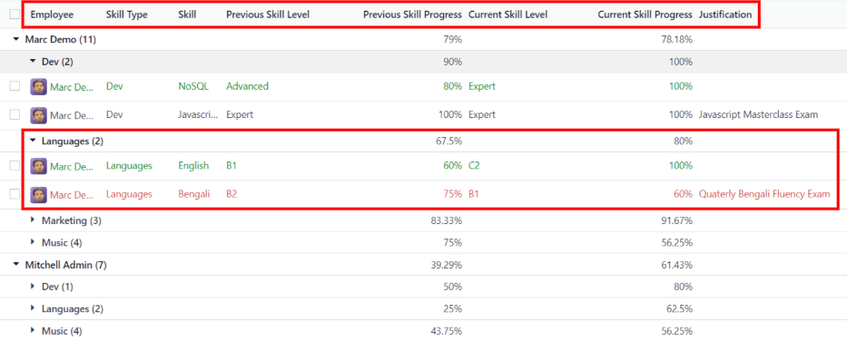 A report showing all the skills grouped by employee.